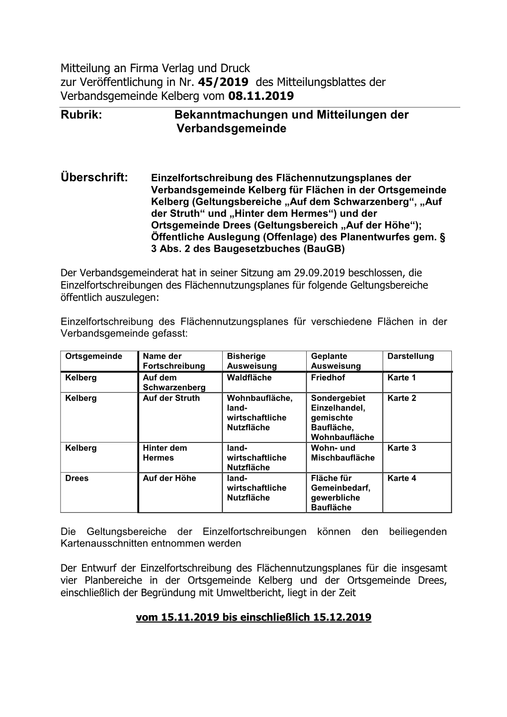 Rubrik: Bekanntmachungen Und Mitteilungen Der Verbandsgemeinde Überschrift