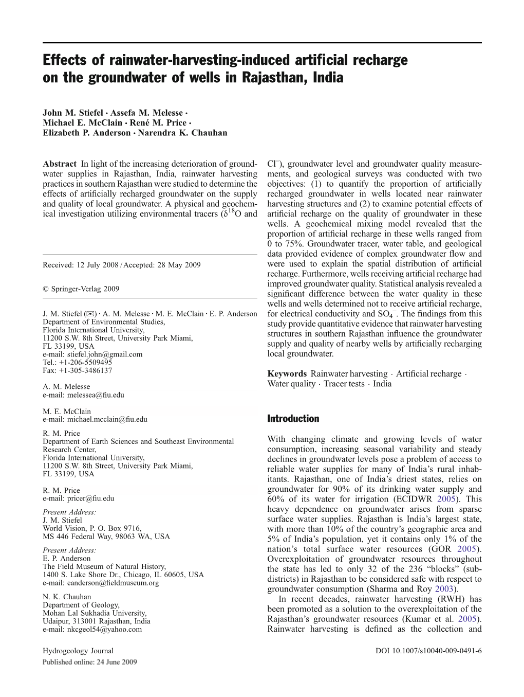 Effects of Rainwater-Harvesting-Induced Artiﬁcial Recharge on the Groundwater of Wells in Rajasthan, India