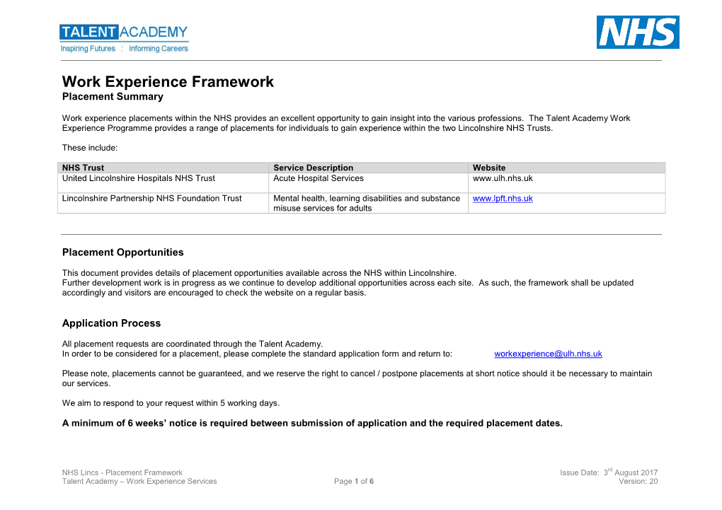 Work Experience Framework Placement Summary