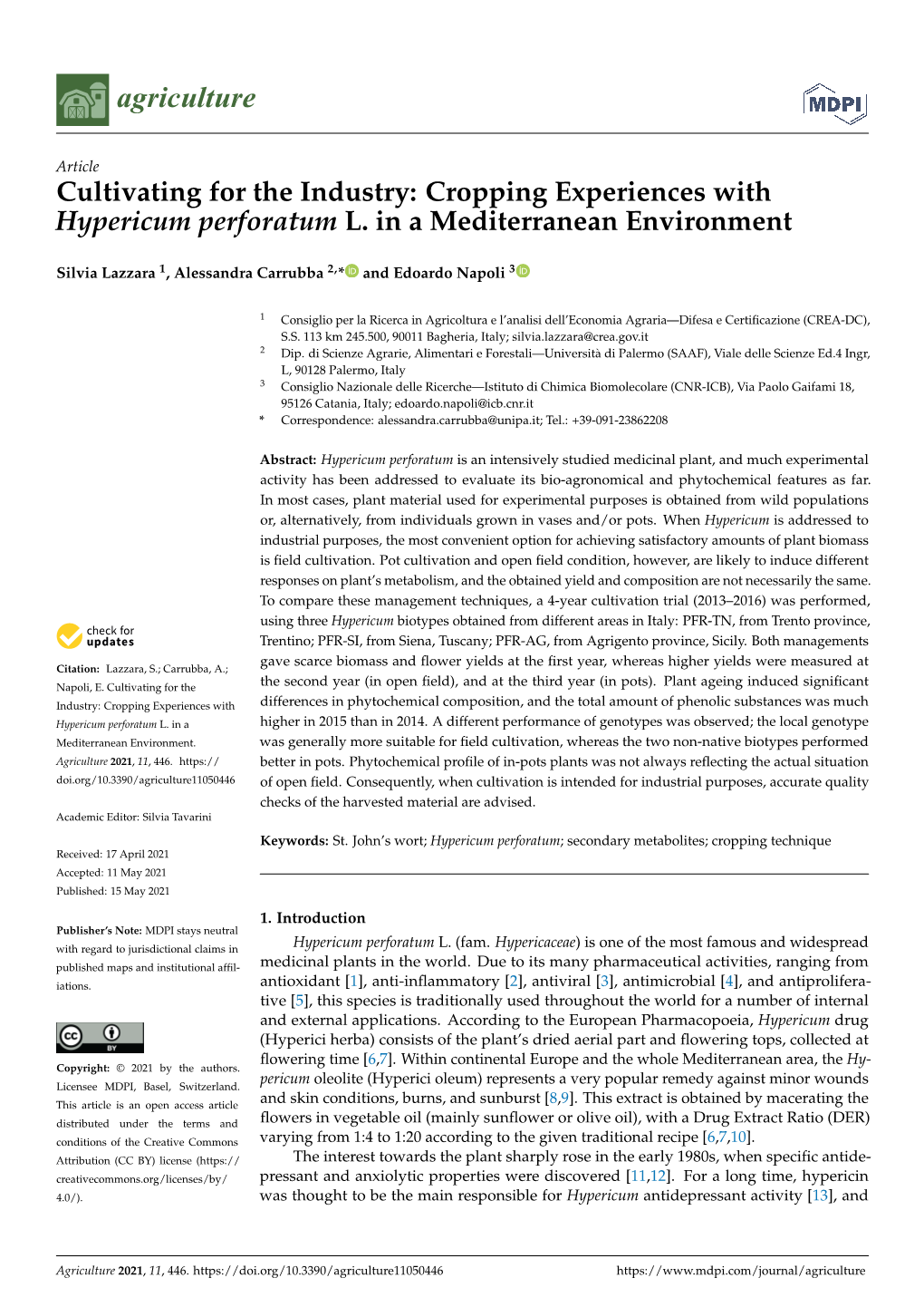 Cropping Experiences with Hypericum Perforatum L. in a Mediterranean Environment