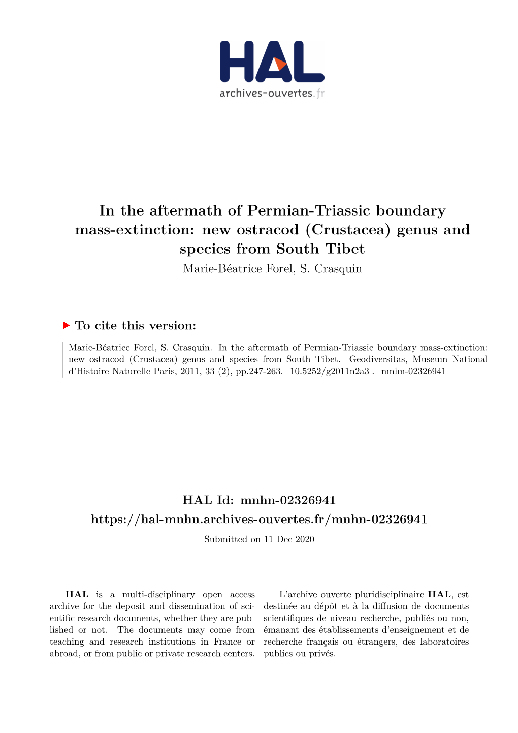 In the Aftermath of Permian-Triassic Boundary Mass-Extinction: New Ostracod (Crustacea) Genus and Species from South Tibet Marie-Béatrice Forel, S