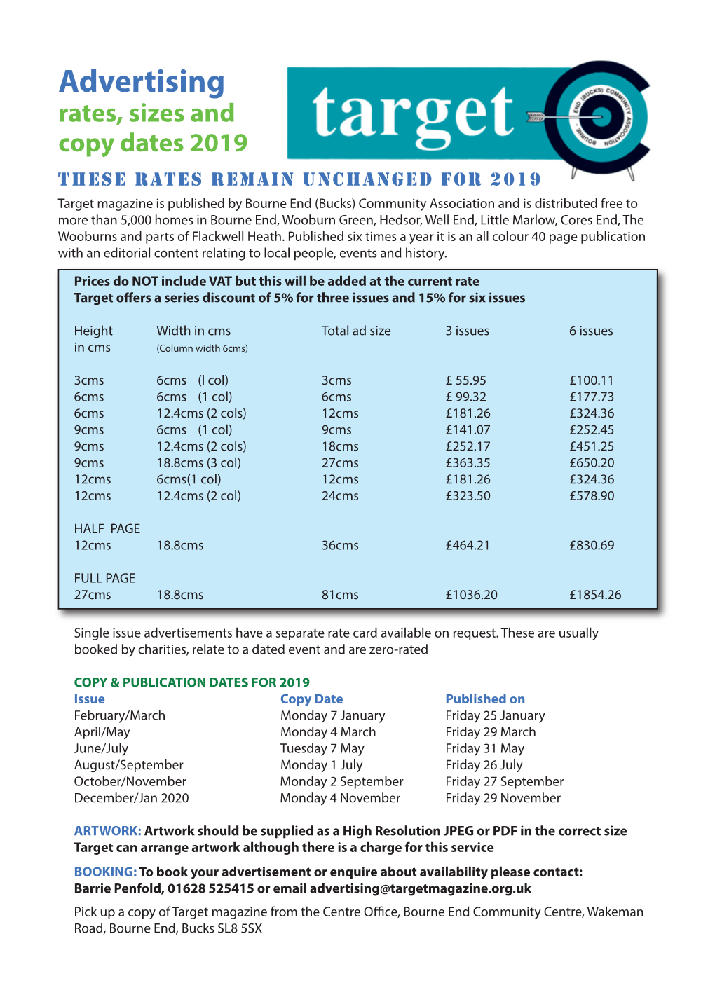 Advertising Rates, Sizes and Copy Dates 2019