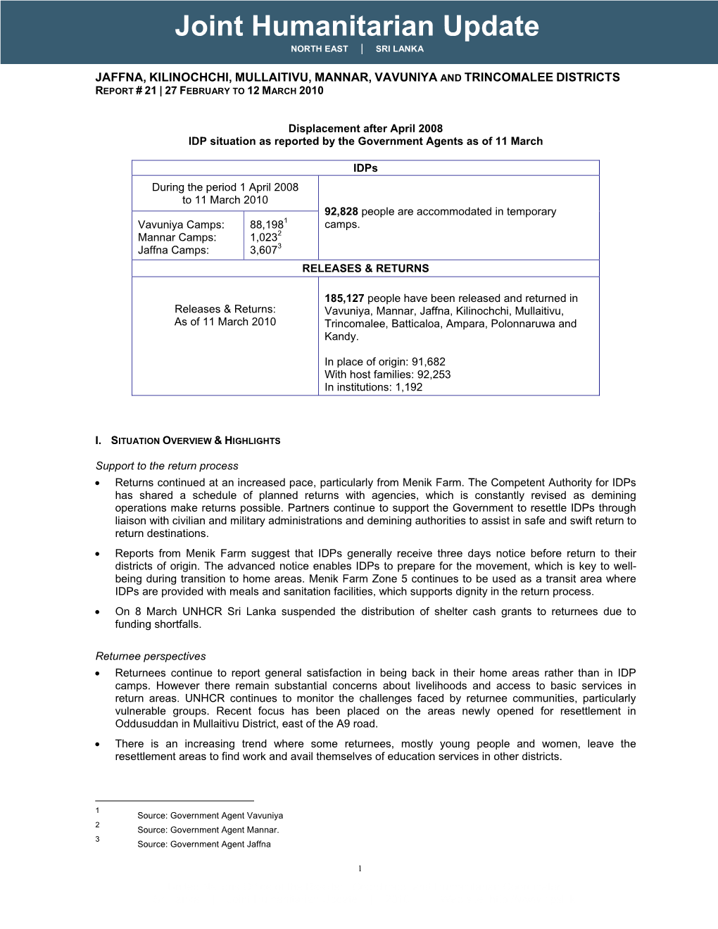 Joint Humanitarian Update NORTH EAST | SRI LANKA