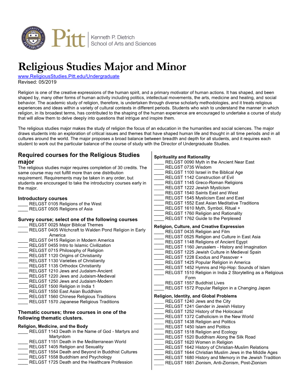 Religious Studies Major and Minor Revised: 05/2019