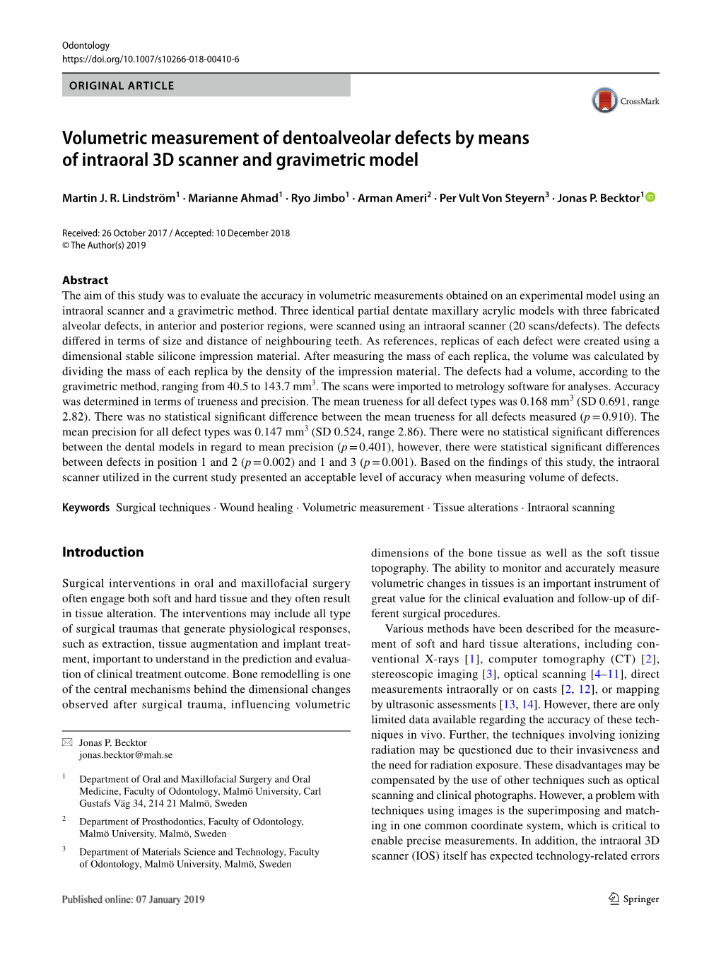 Volumetric Measurement of Dentoalveolar Defects by Means of Intraoral 3D Scanner and Gravimetric Model