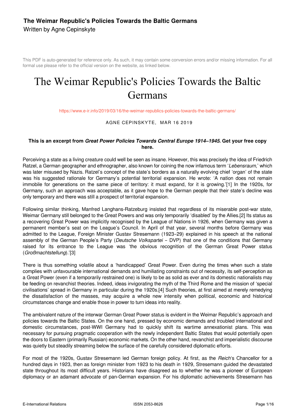 The Weimar Republic's Policies Towards the Baltic Germans Written by Agne Cepinskyte
