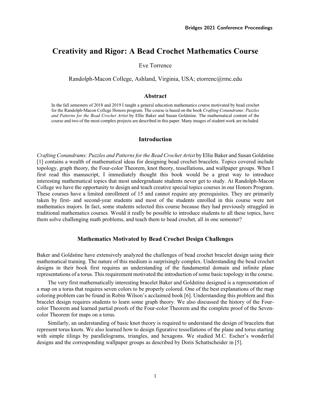 Creativity and Rigor: a Bead Crochet Mathematics Course