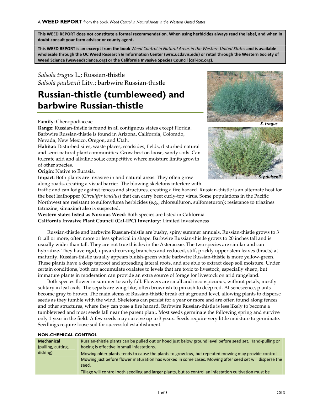 Salsola Tragus L.; Russian-Thistle Salsola Paulsenii Litv.; Barbwire Russian-Thistle Russian-Thistle (Tumbleweed) and Barbwire Russian-Thistle