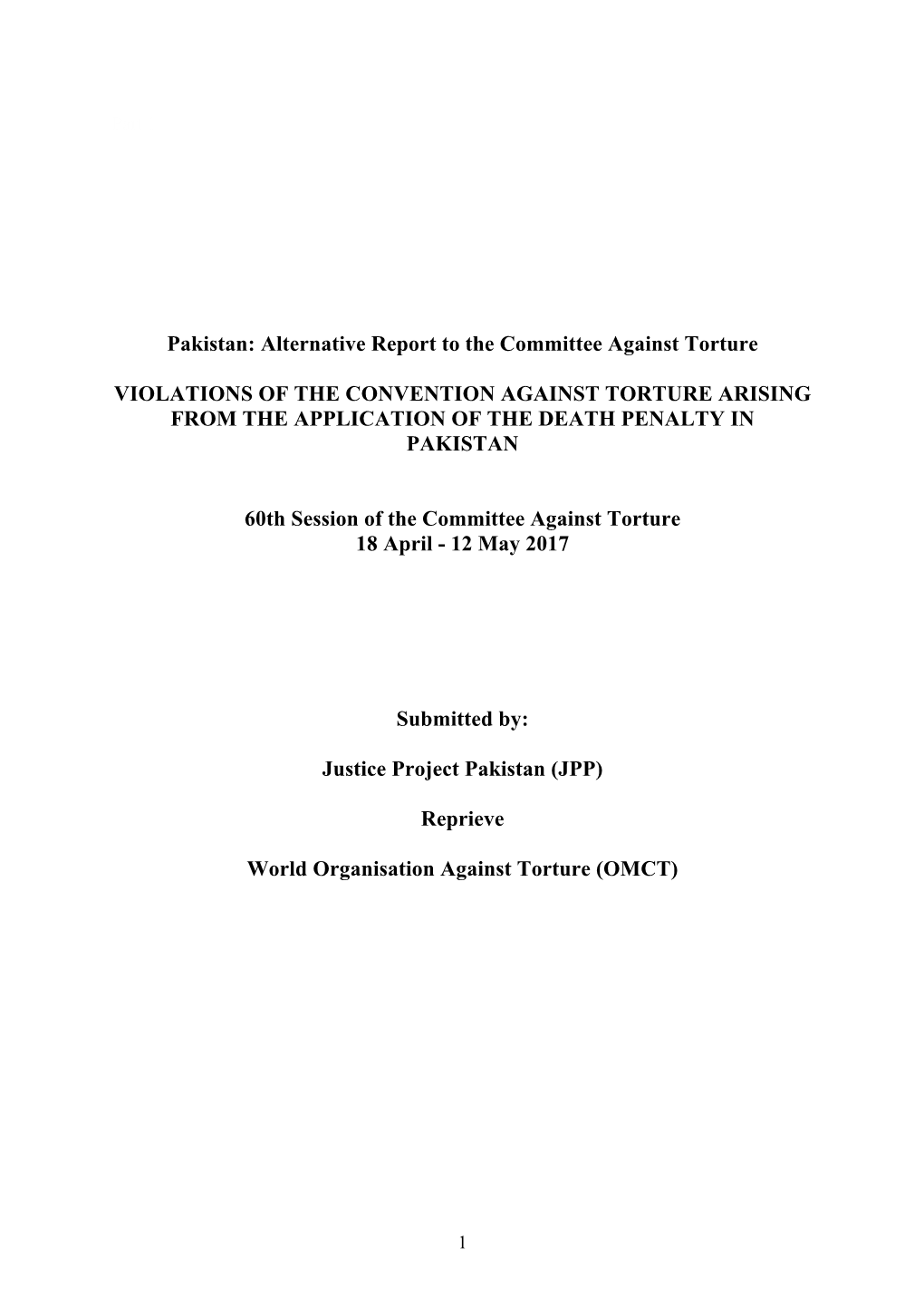 Pakistan: Alternative Report to the Committee Against Torture