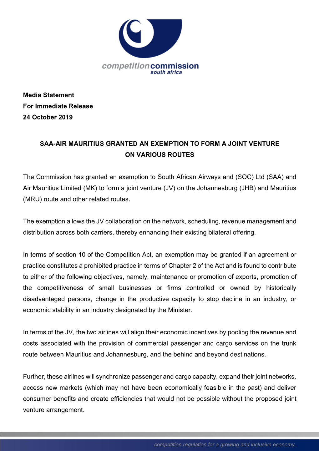Media Statement for Immediate Release 24 October 2019 SAA-AIR