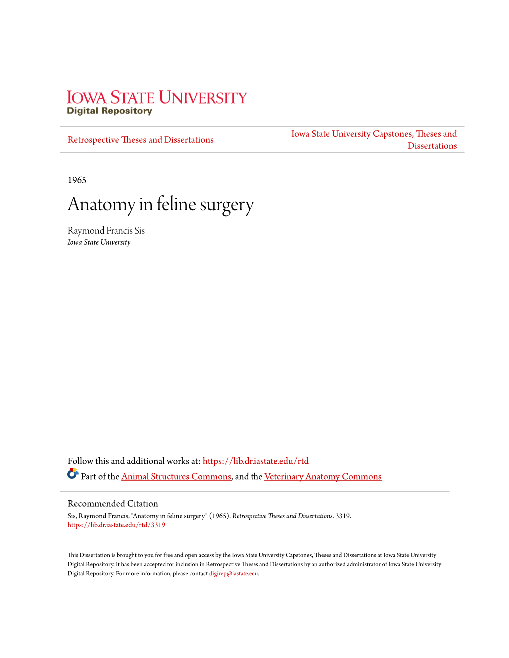 Anatomy in Feline Surgery Raymond Francis Sis Iowa State University