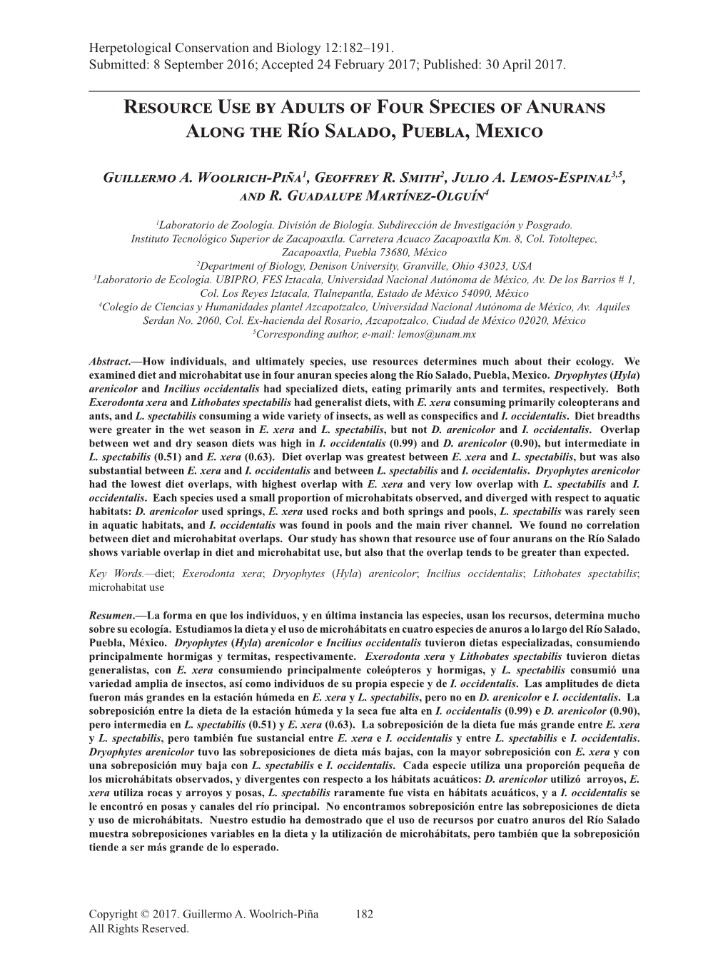 Resource Use by Adults of Four Species of Anurans Along the Río Salado, Puebla, Mexico