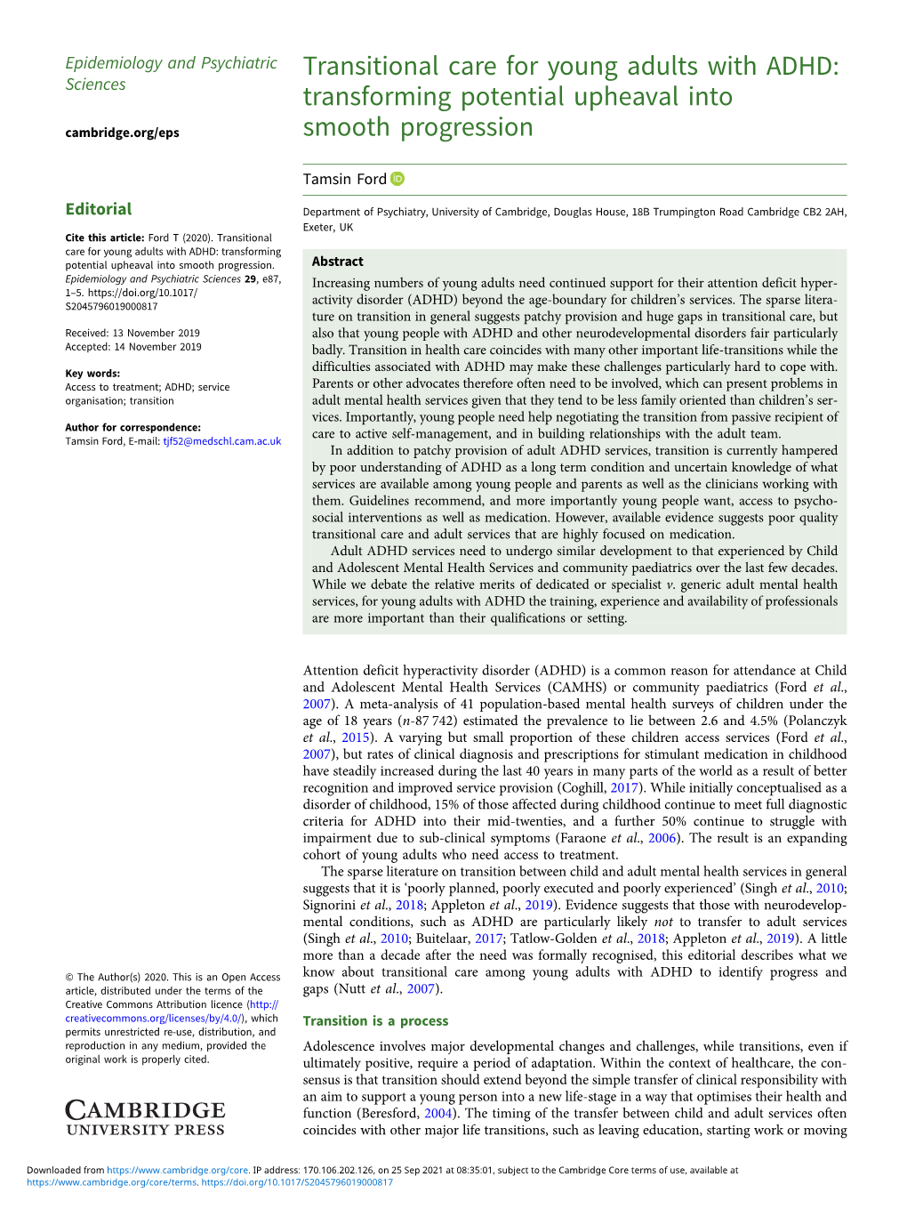 Transitional Care for Young Adults with ADHD: Sciences Transforming Potential Upheaval Into Cambridge.Org/Eps Smooth Progression