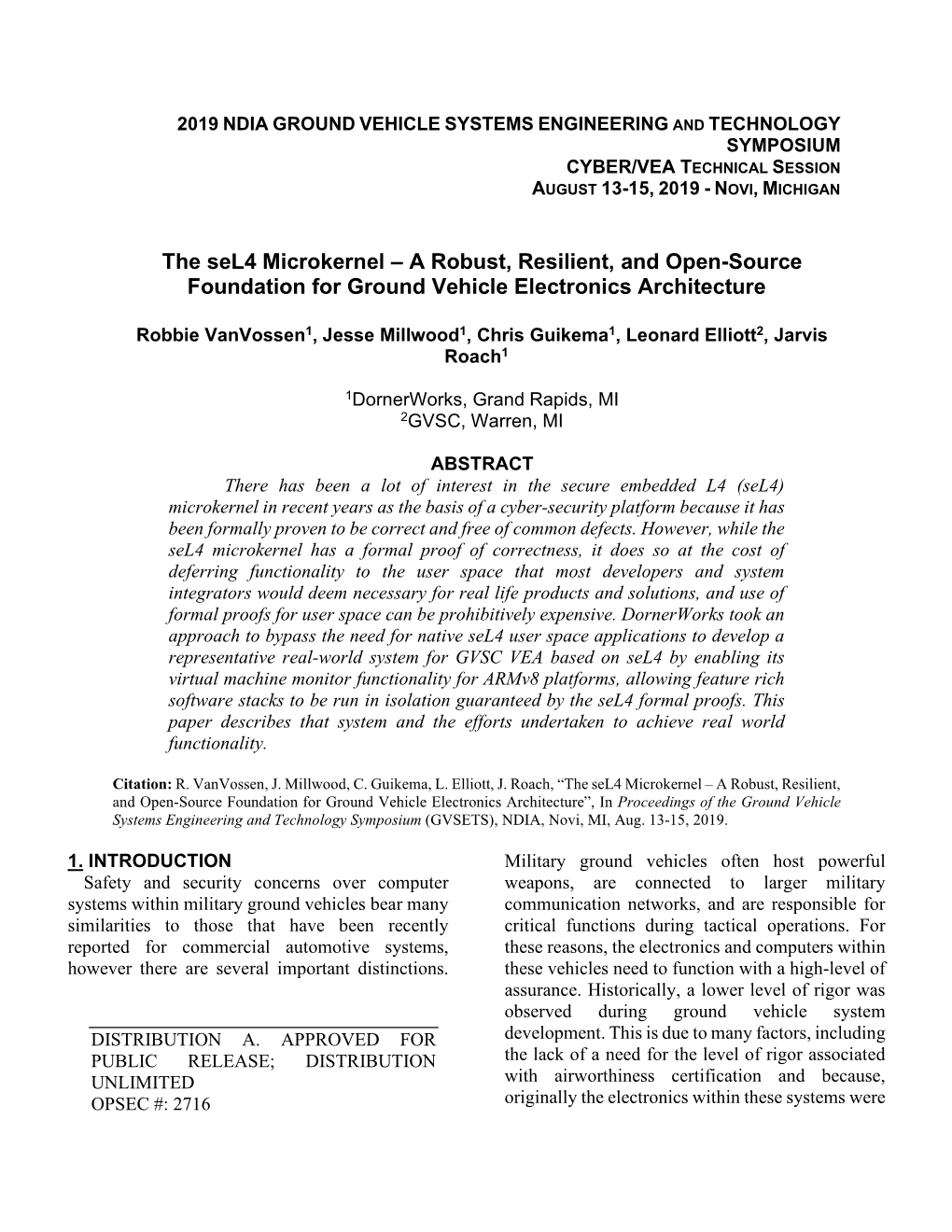 The Sel4 Microkernel – a Robust, Resilient, and Open-Source Foundation for Ground Vehicle Electronics Architecture