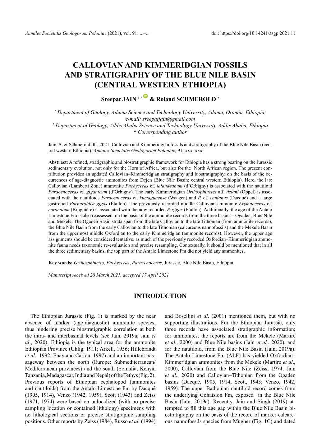 Callovian and Kimmeridgian Fossils and Stratigraphy of the Blue Nile Basin (Central Western Ethiopia)