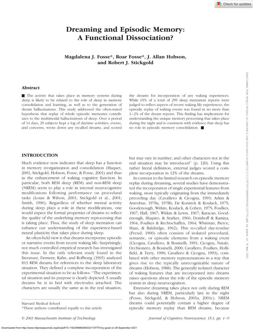 Dreaming and Episodic Memory: a Functional Dissociation?