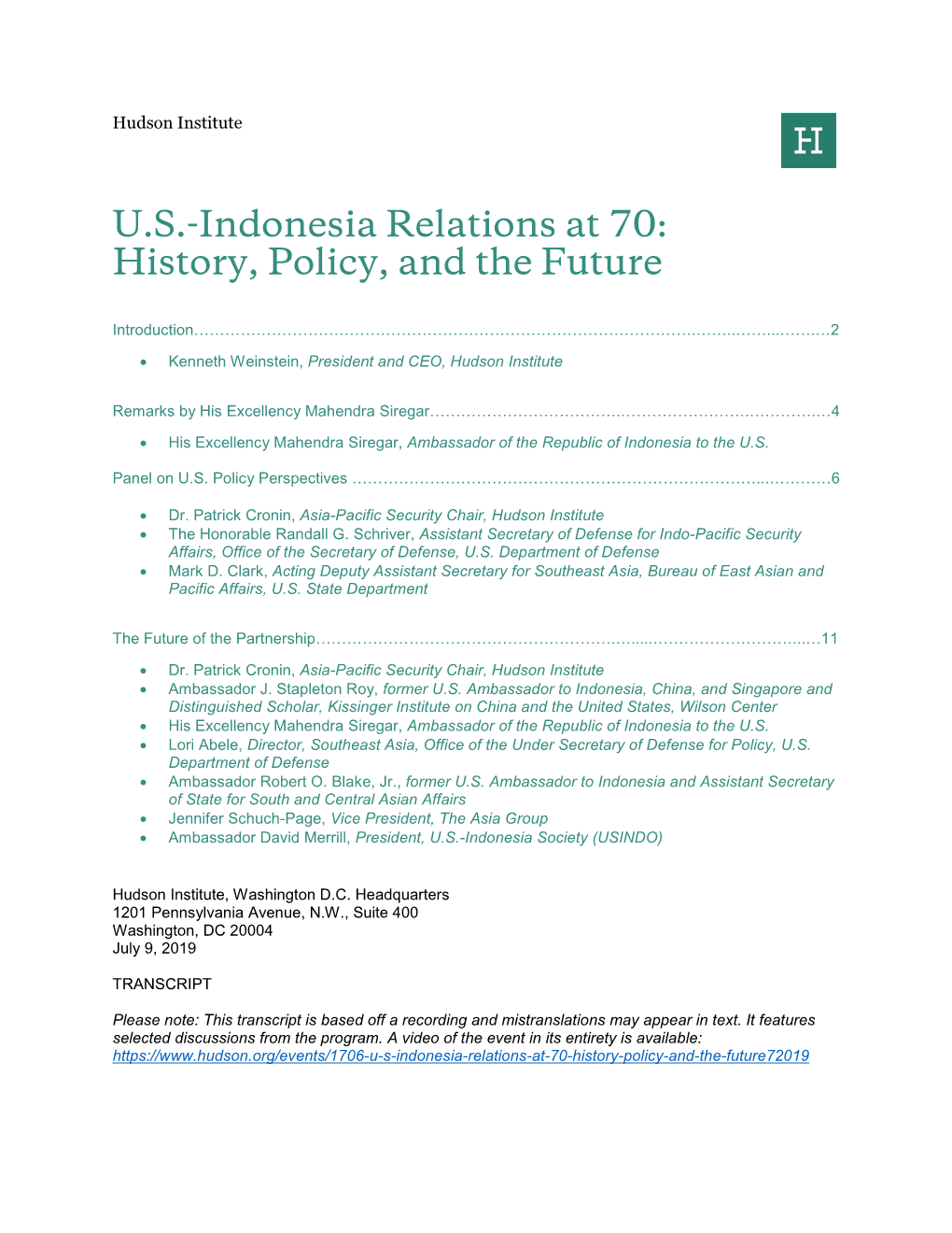 U.S.-Indonesia Relations at 70: History, Policy, and the Future
