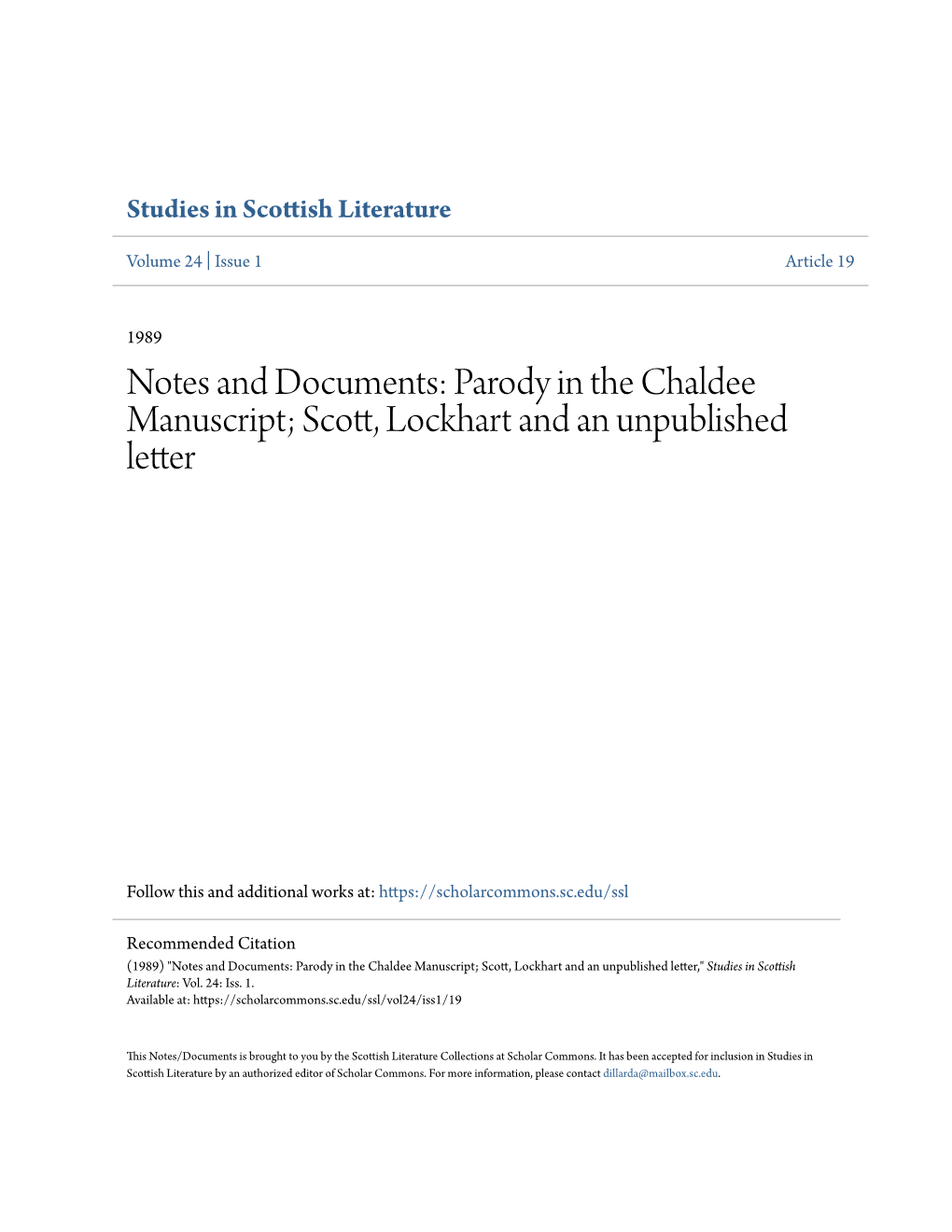 Parody in the Chaldee Manuscript; Scott, Lockhart and an Unpublished Letter