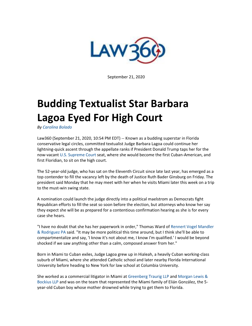 Budding Textualist Star Barbara Lagoa Eyed for High Court 09-21