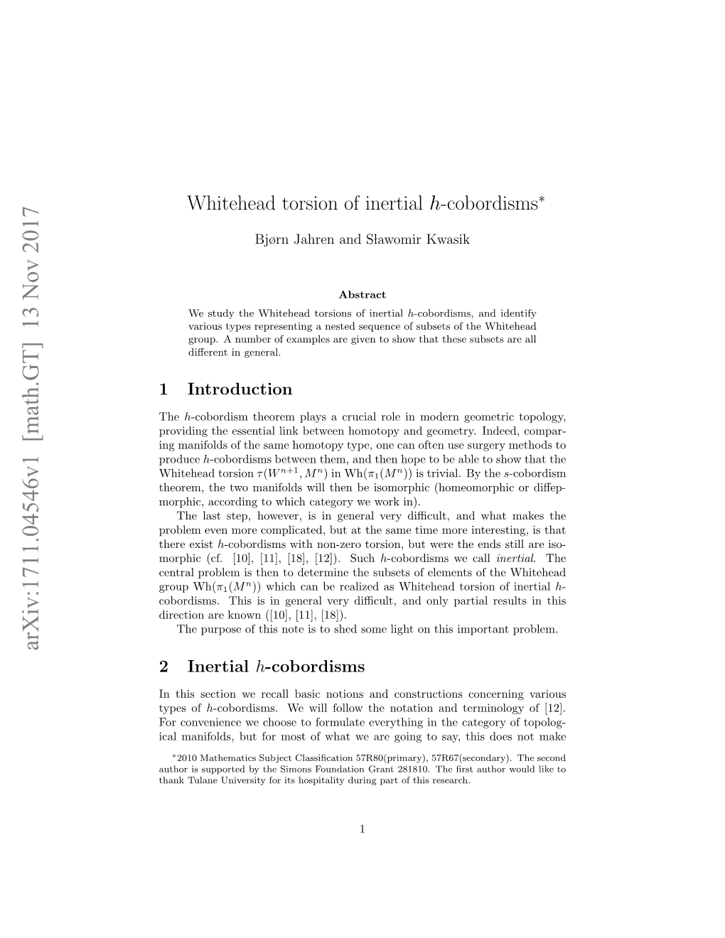 Whitehead Torsion of Inertial H-Cobordisms