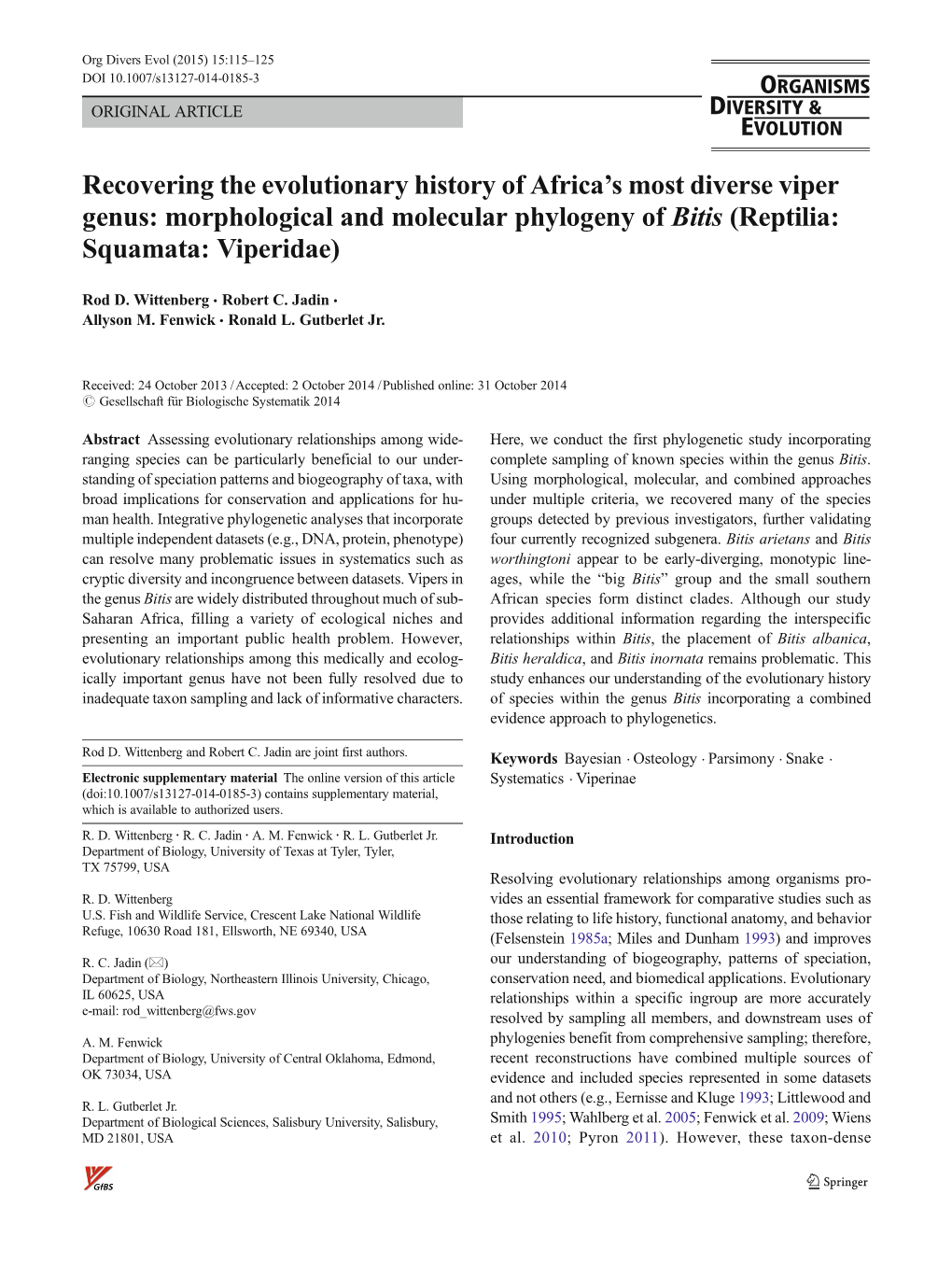 Morphological and Molecular Phylogeny of Bitis (Reptilia: Squamata: Viperidae)