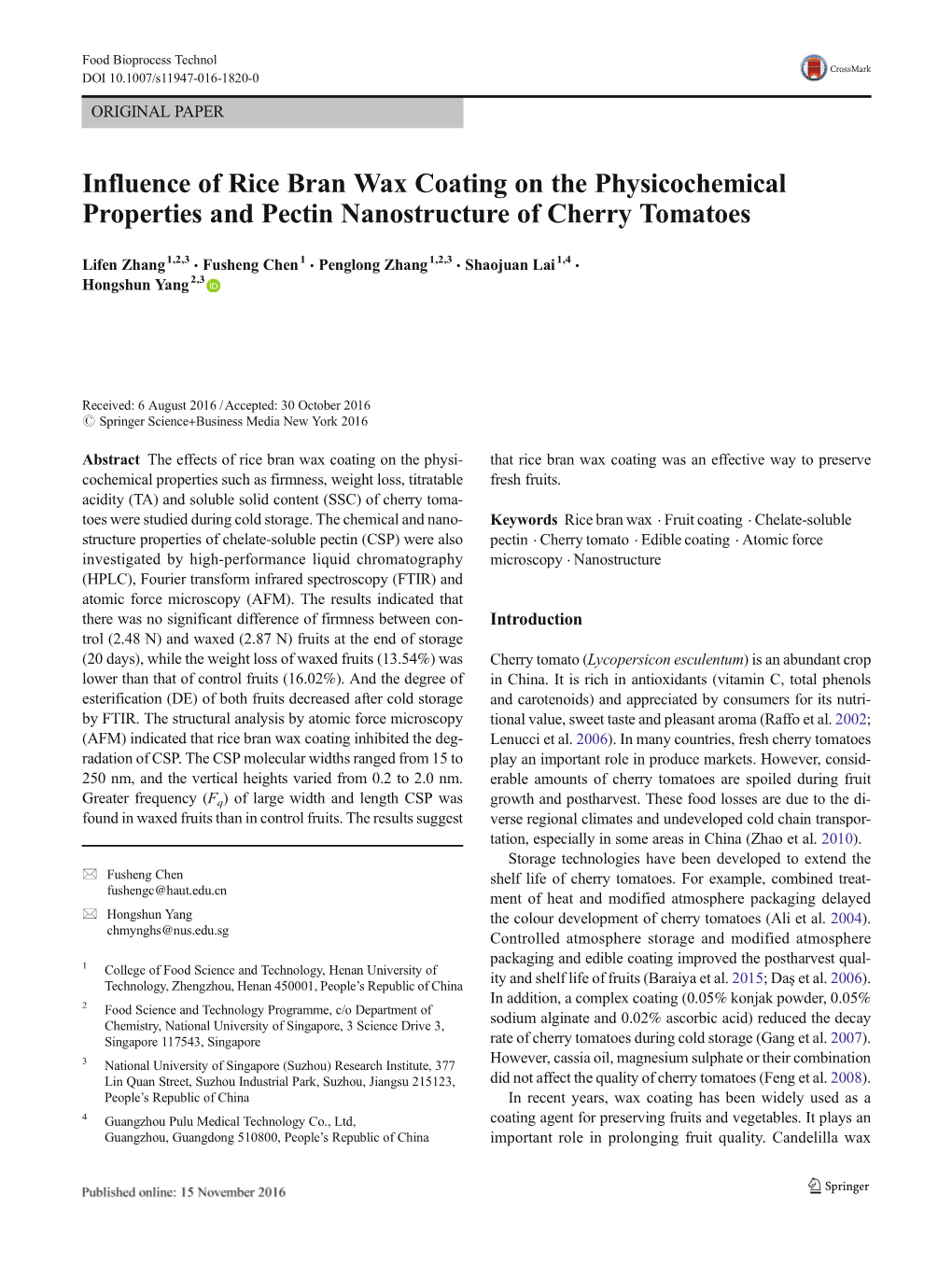 Influence of Rice Bran Wax Coating on the Physicochemical Properties and Pectin Nanostructure of Cherry Tomatoes