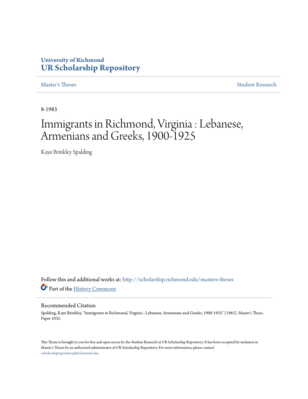 Immigrants in Richmond, Virginia : Lebanese, Armenians and Greeks, 1900-1925 Kaye Brinkley Spalding