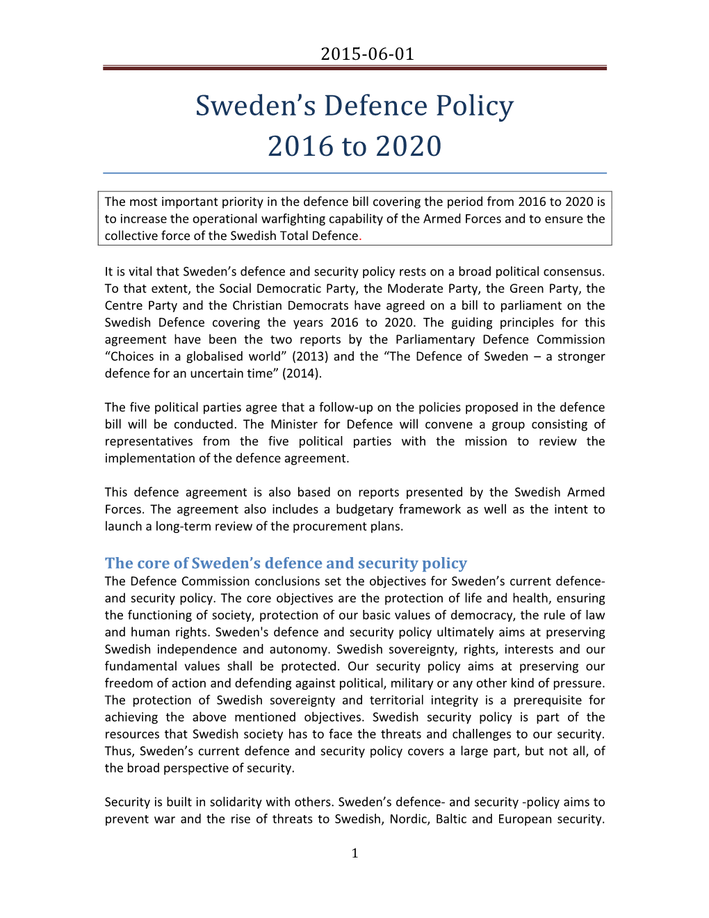 Sweden's Defence Policy 2016 to 2020