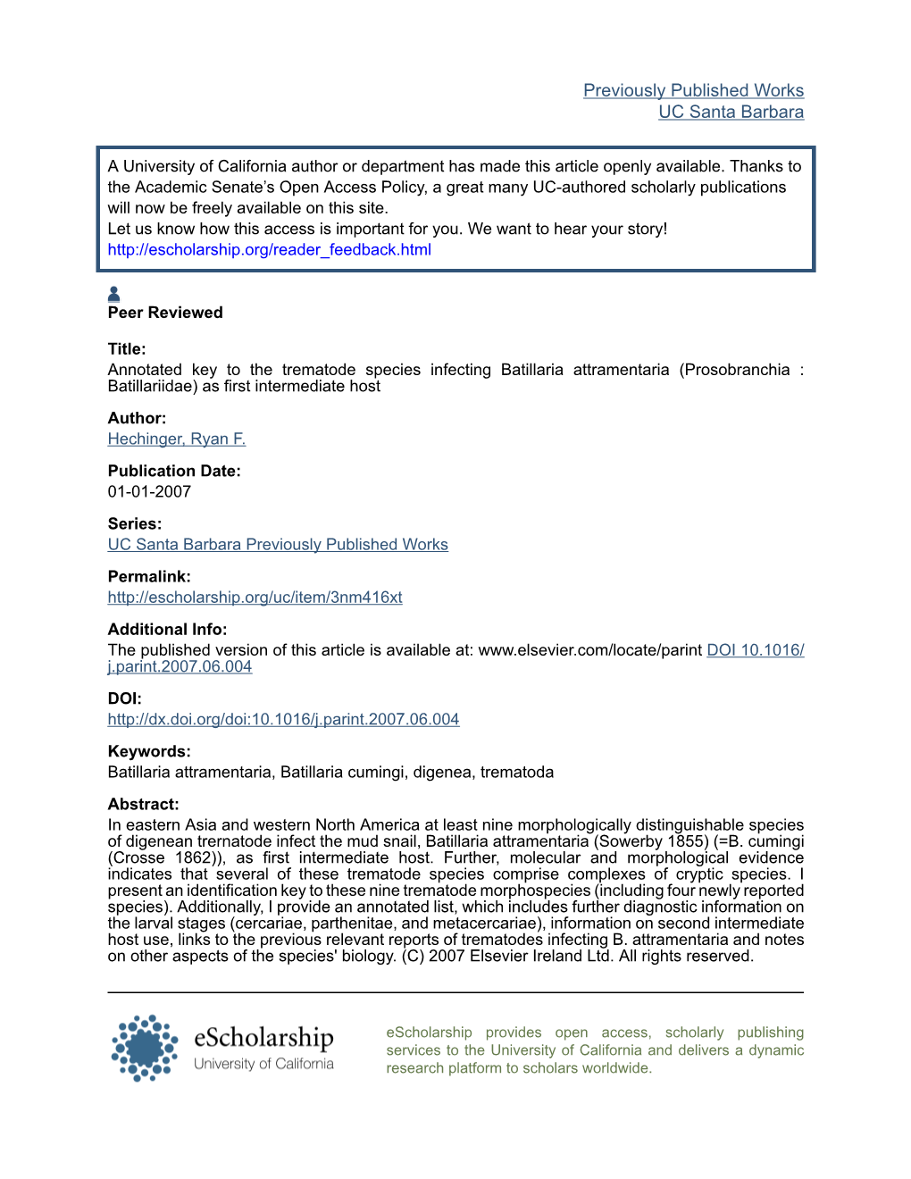 Annotated Key to the Trematode Species Infecting Batillaria Attramentaria (Prosobranchia : Batillariidae) As First Intermediate Host