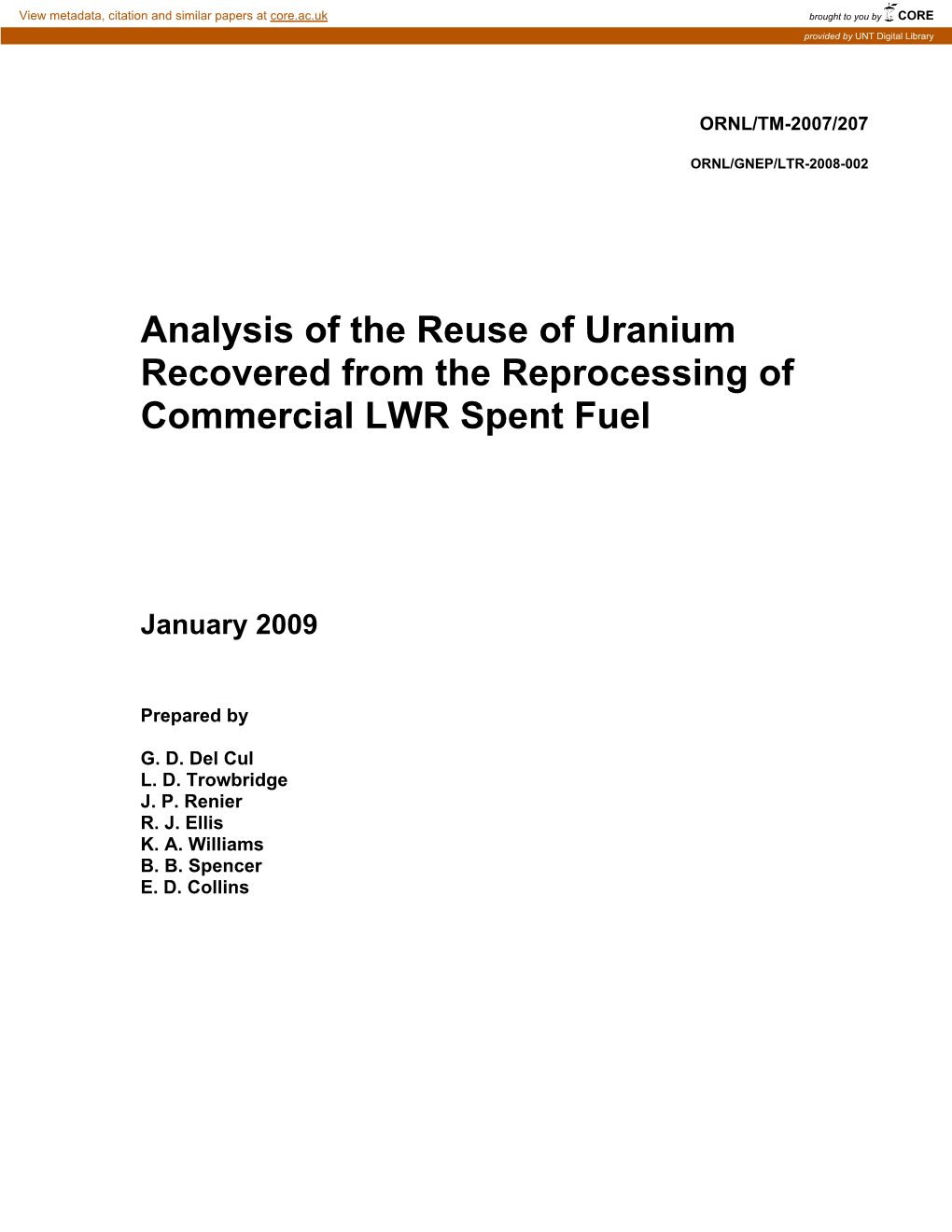 Analysis of the Reuse of Uranium Recovered from the Reprocessing of Commercial LWR Spent Fuel