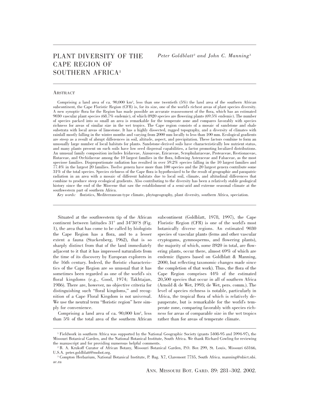 Plant Diversity of the Cape Region Of