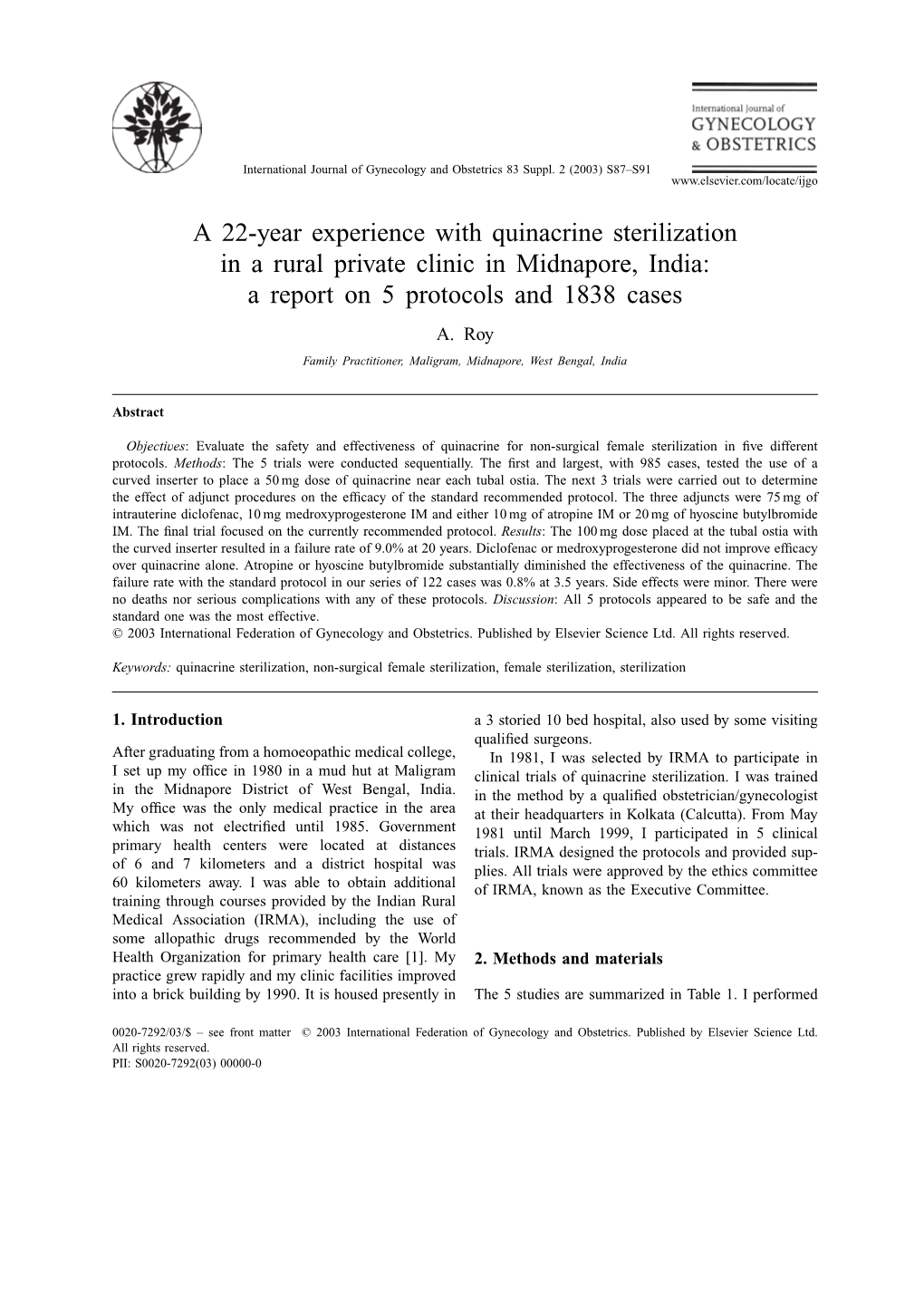 A 22-Year Experience with Quinacrine Sterilization in a Rural Private Clinic in Midnapore, India: a Report on 5 Protocols and 1838 Cases A