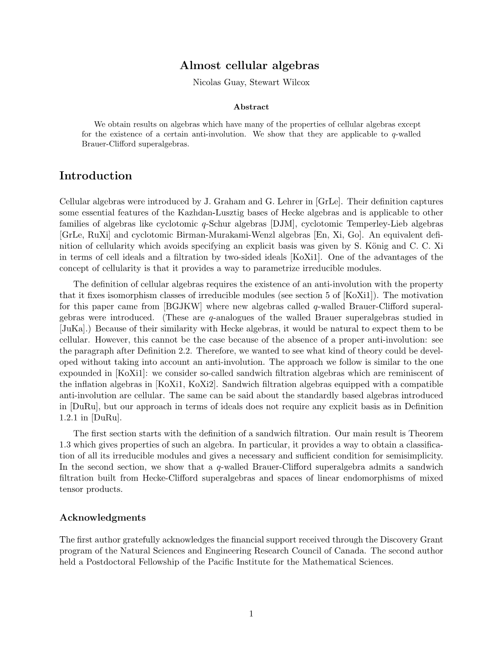 Almost Cellular Algebras Introduction