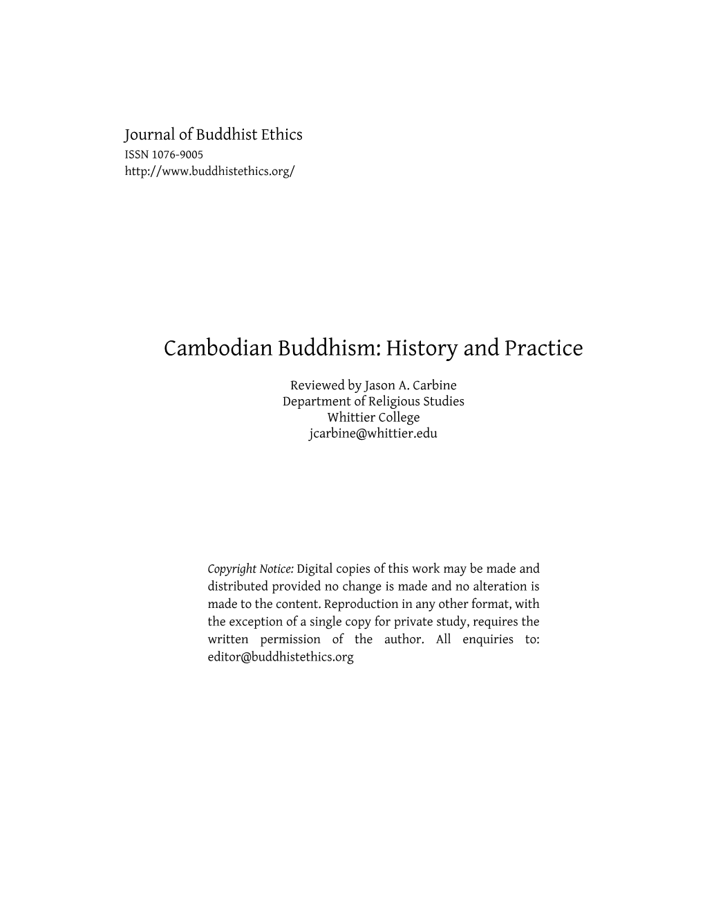 Cambodian Buddhism: History and Practice