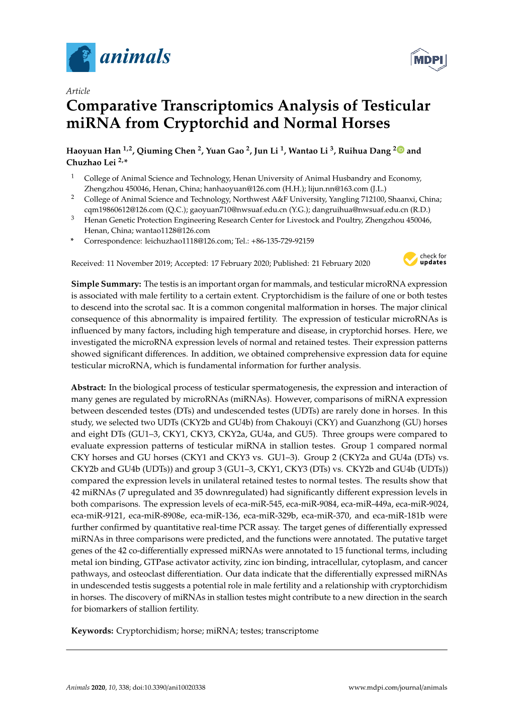 Comparative Transcriptomics Analysis of Testicular Mirna from Cryptorchid and Normal Horses