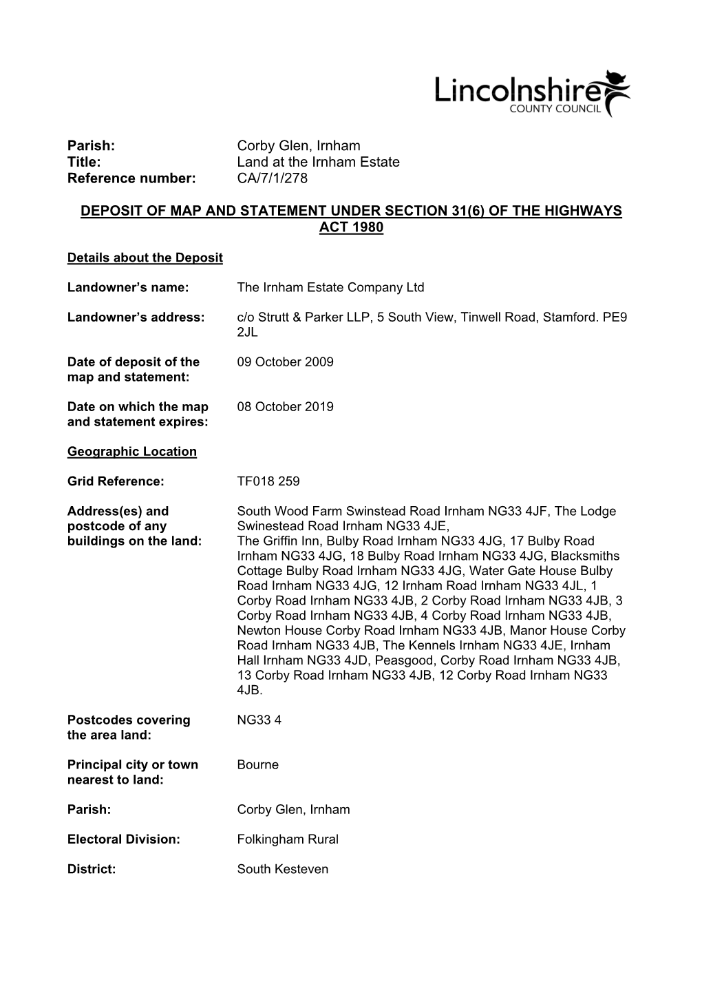 Land at the Irnham Estate Reference Number: CA/7/1/278