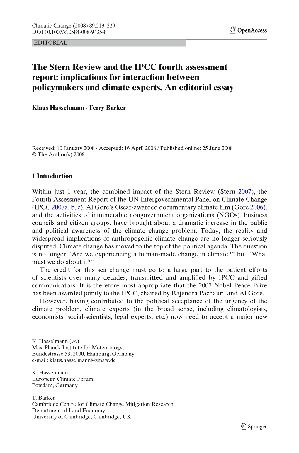 The Stern Review and the IPCC Fourth Assessment Report: Implications for Interaction Between Policymakers and Climate Experts