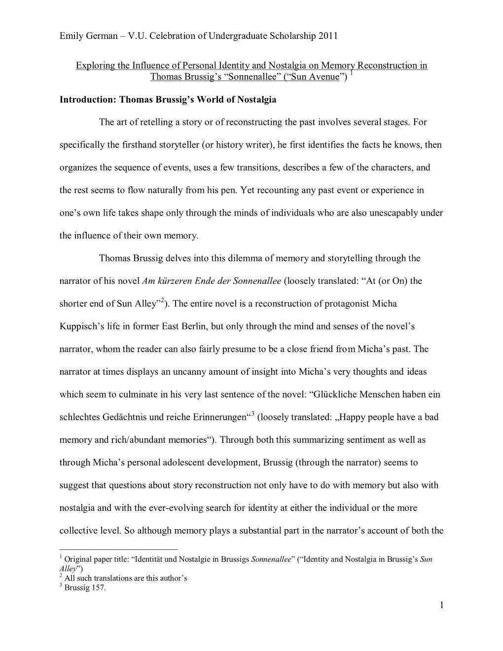 Exploring the Influence of Personal Identity and Nostalgia on Memory Reconstruction in Thomas Brussig’S “Sonnenallee” (“Sun Avenue”) 1