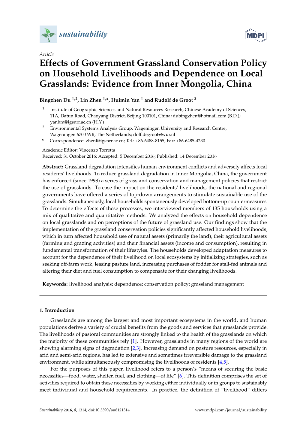 Effects of Government Grassland Conservation Policy on Household Livelihoods and Dependence on Local Grasslands: Evidence from Inner Mongolia, China