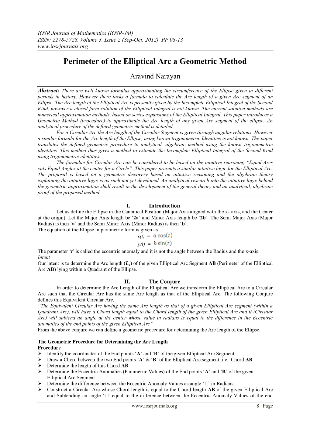 Perimeter of the Elliptical Arc a Geometric Method