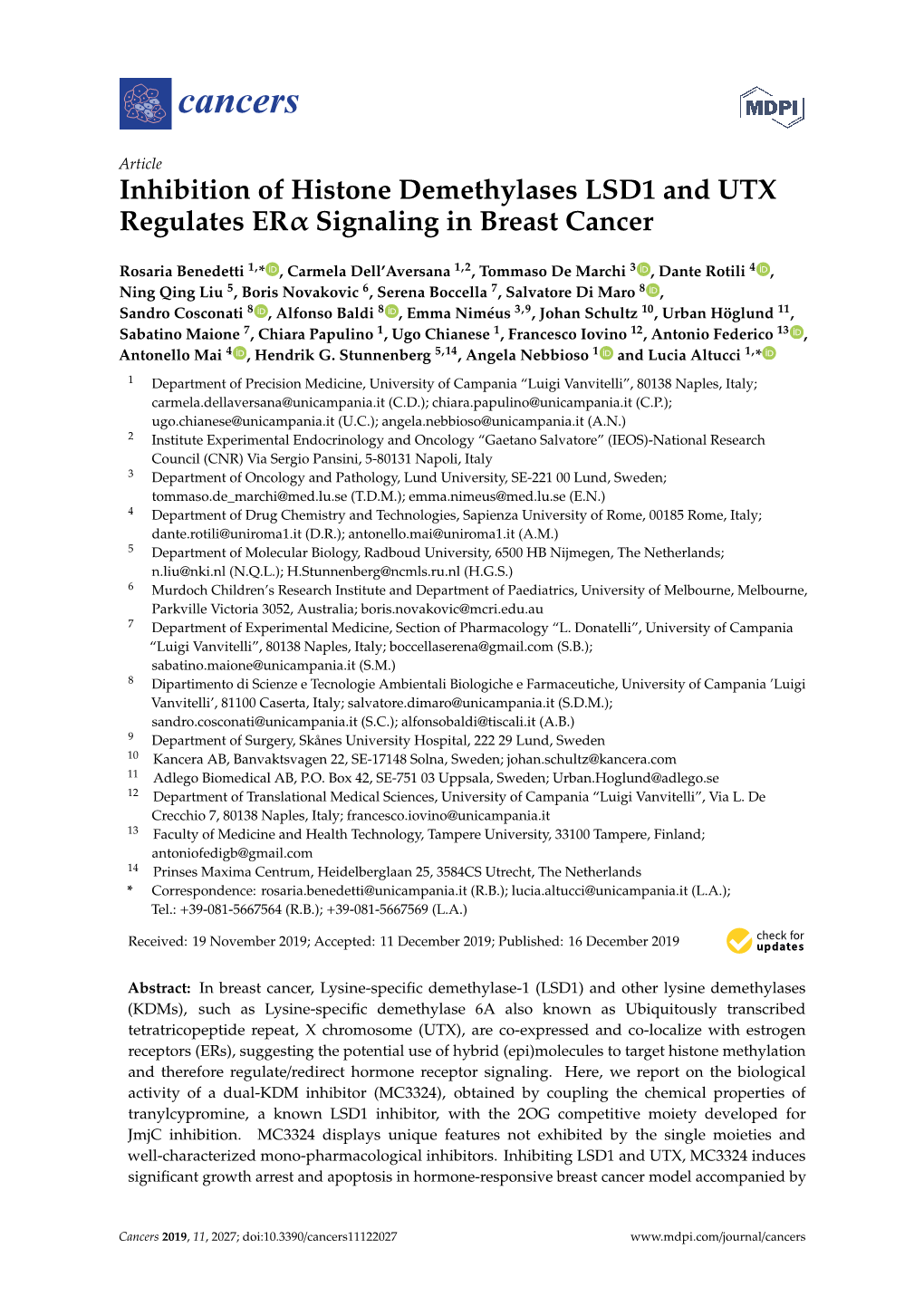 Inhibition of Histone Demethylases LSD1 and UTX Regulates Erα Signaling in Breast Cancer