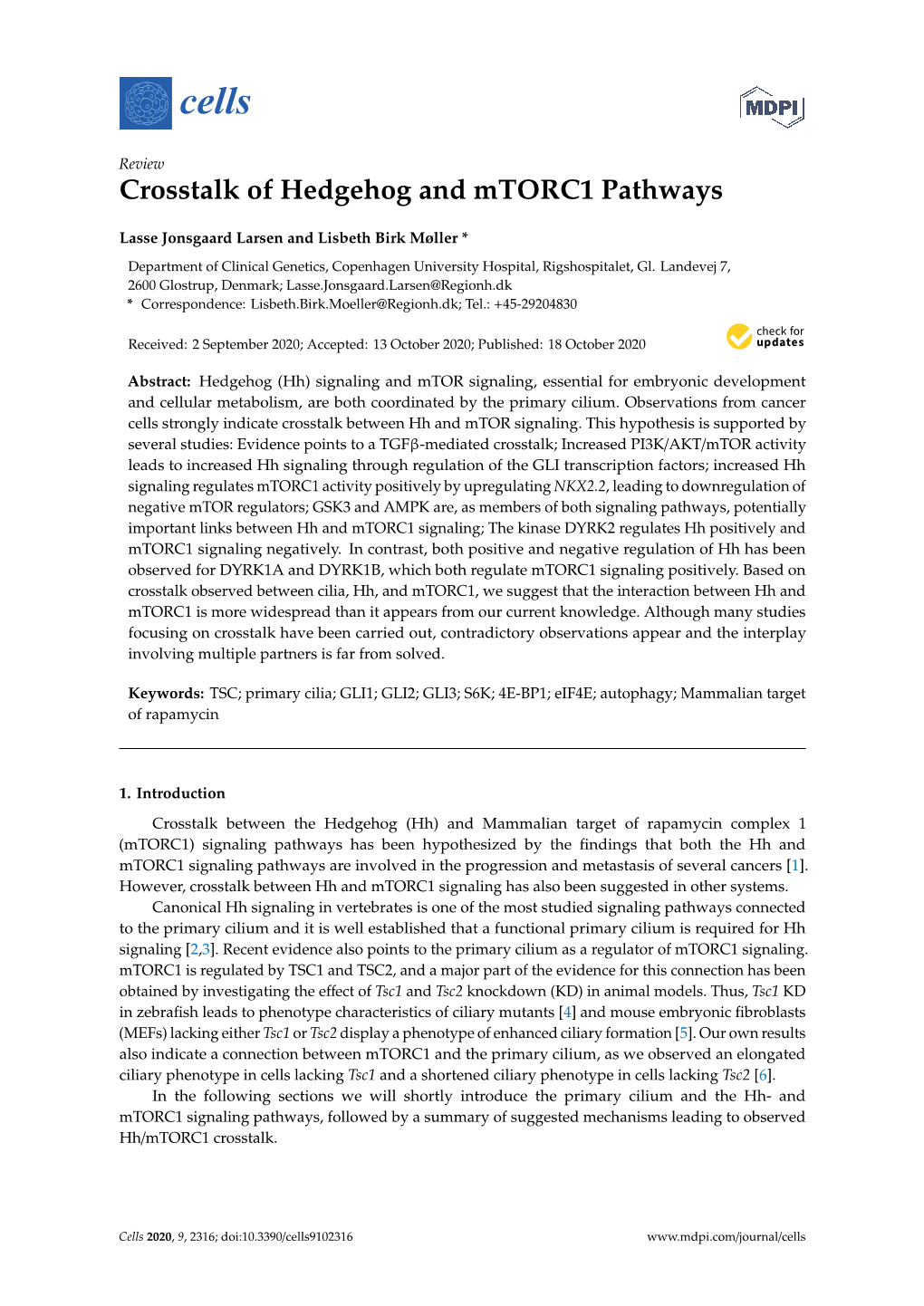 Crosstalk of Hedgehog and Mtorc1 Pathways