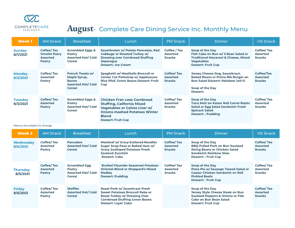 August- Complete Care Dining Service Inc. Monthly Menu