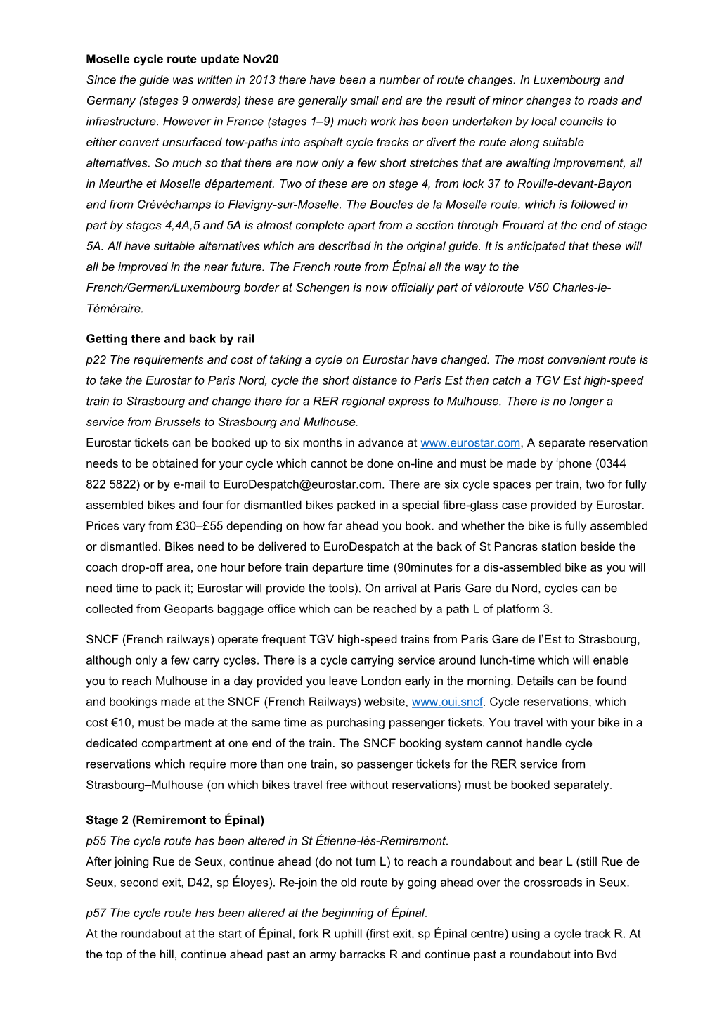 Moselle Cycle Route Update Nov20 Since the Guide Was Written in 2013 There Have Been a Number of Route Changes