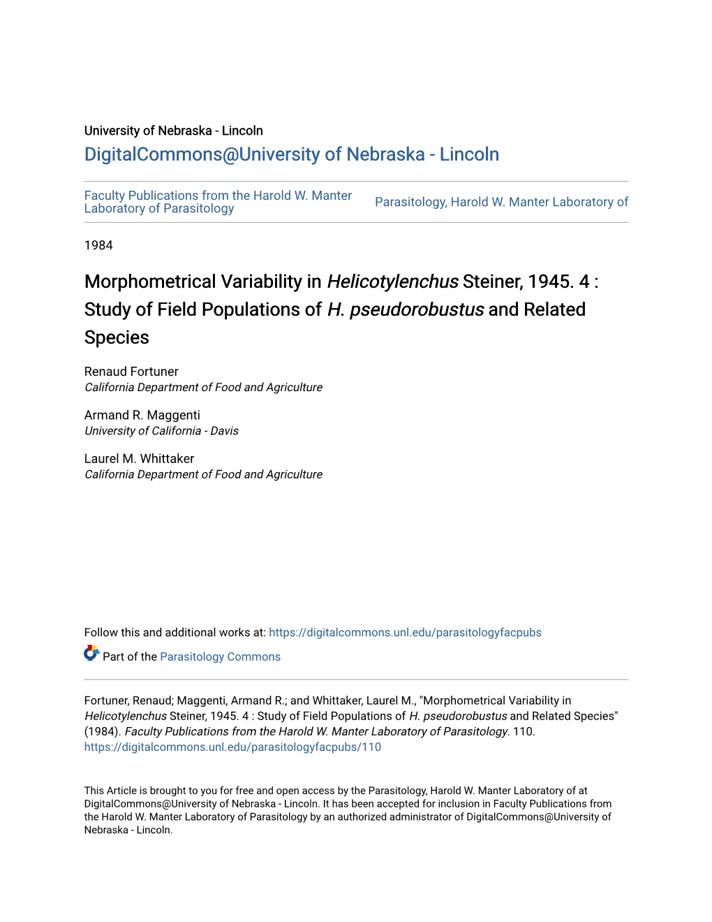 Morphometrical Variability in Helicotylenchus Steiner, 1945. 4 : Study of Field Populations of H