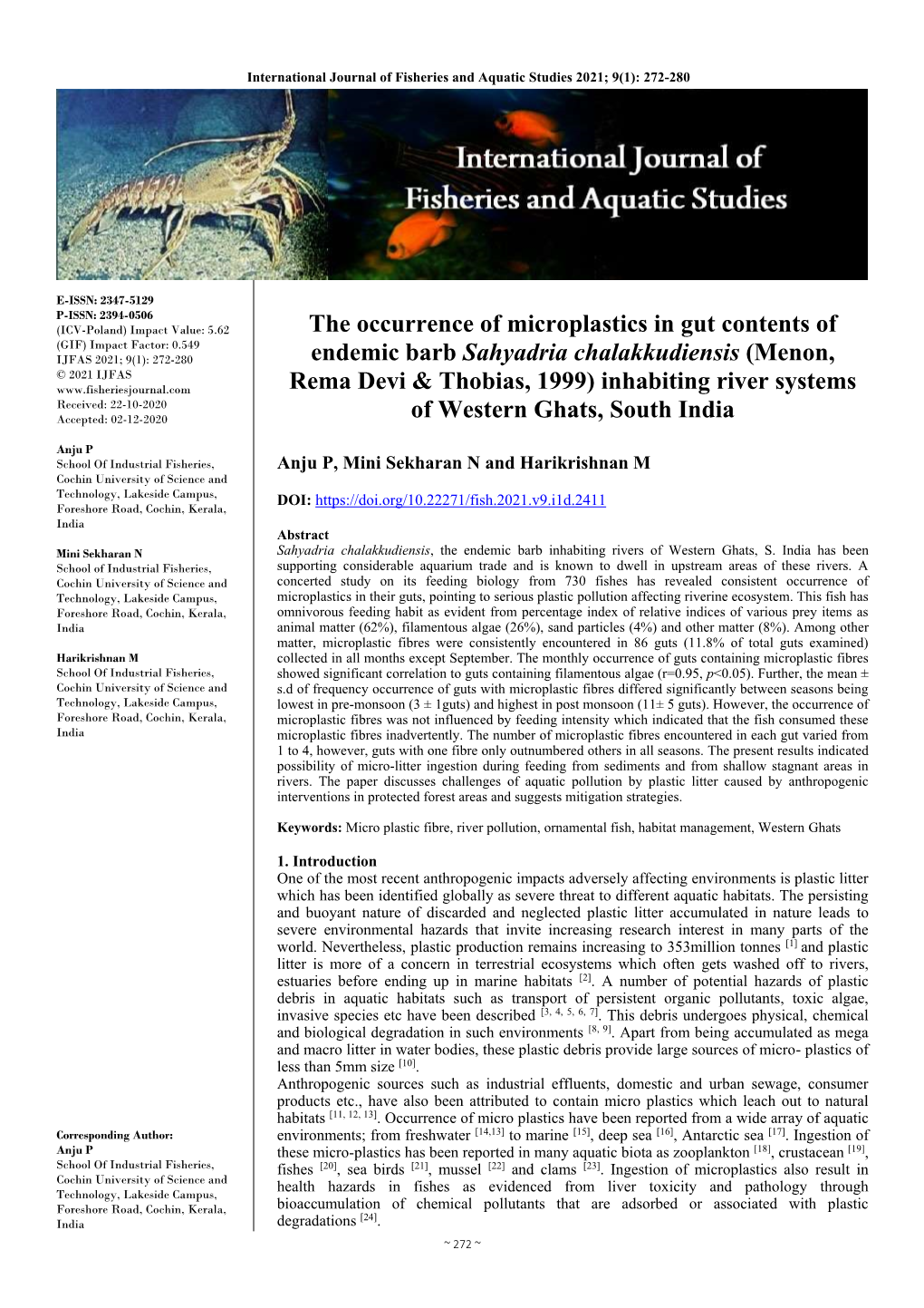 The Occurrence of Microplastics in Gut Contents of Endemic Barb