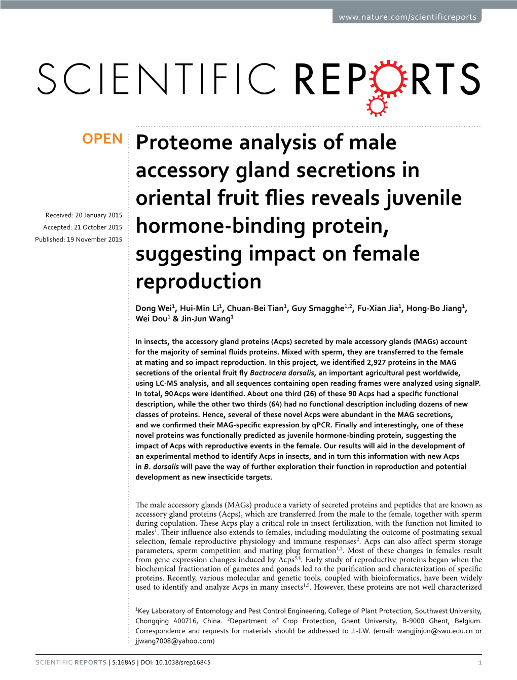 Proteome Analysis of Male Accessory Gland Secretions in Oriental Fruit Flies