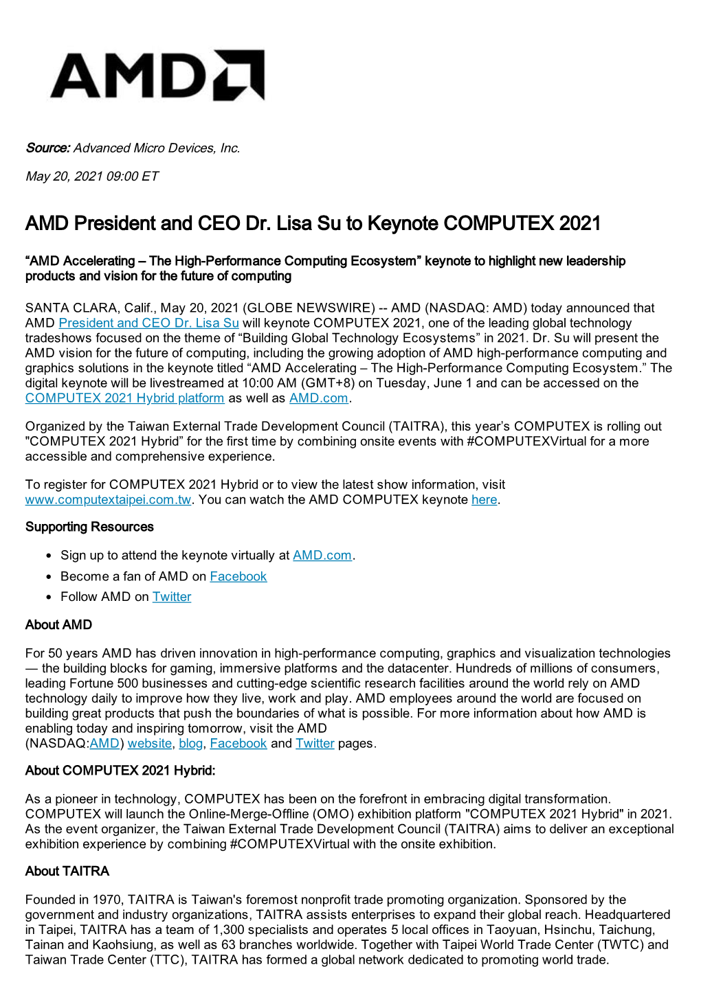 AMD President and CEO Dr. Lisa Su to Keynote COMPUTEX 2021