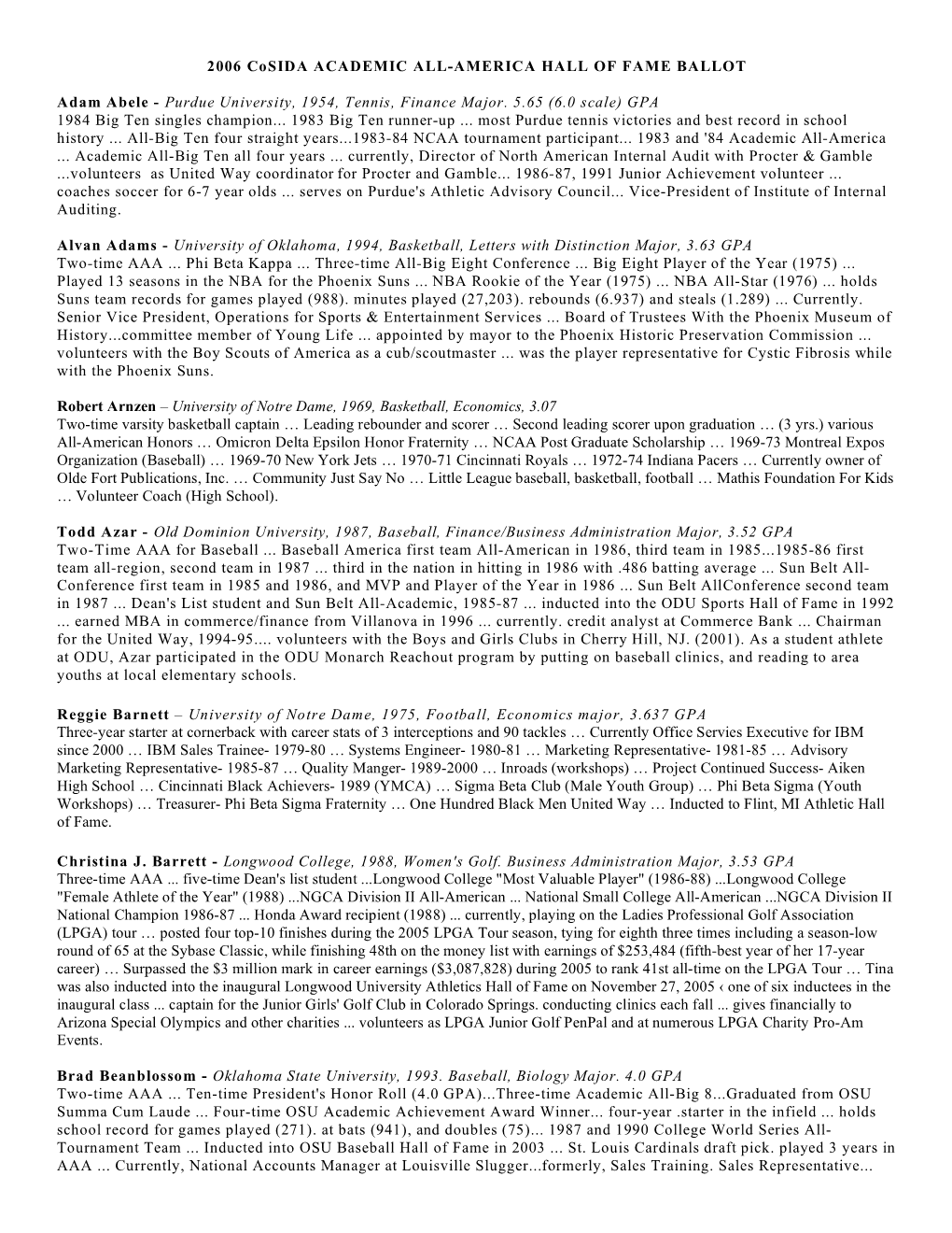 2006 Cosida ACADEMIC ALL-AMERICA HALL of FAME BALLOT