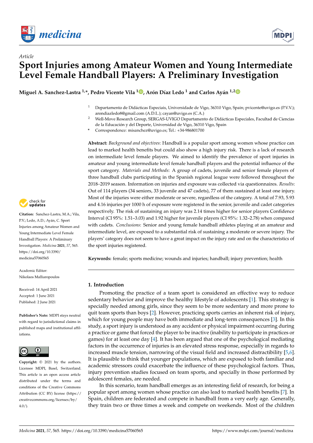 Sport Injuries Among Amateur Women and Young Intermediate Level Female Handball Players: a Preliminary Investigation